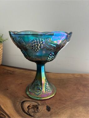 Indiana iridescent Blue Carnival Glass Harvest Grape 8.5" Pedestal Bowl